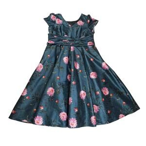 eShakti Fit & Flare Floral Print Taffeta Maxi Dress Women's Plus 3X Blue Pink